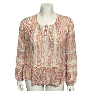 BCBG Sheer Peasant Boho Paisley Print Long Sleeve Blouse Sz-Large